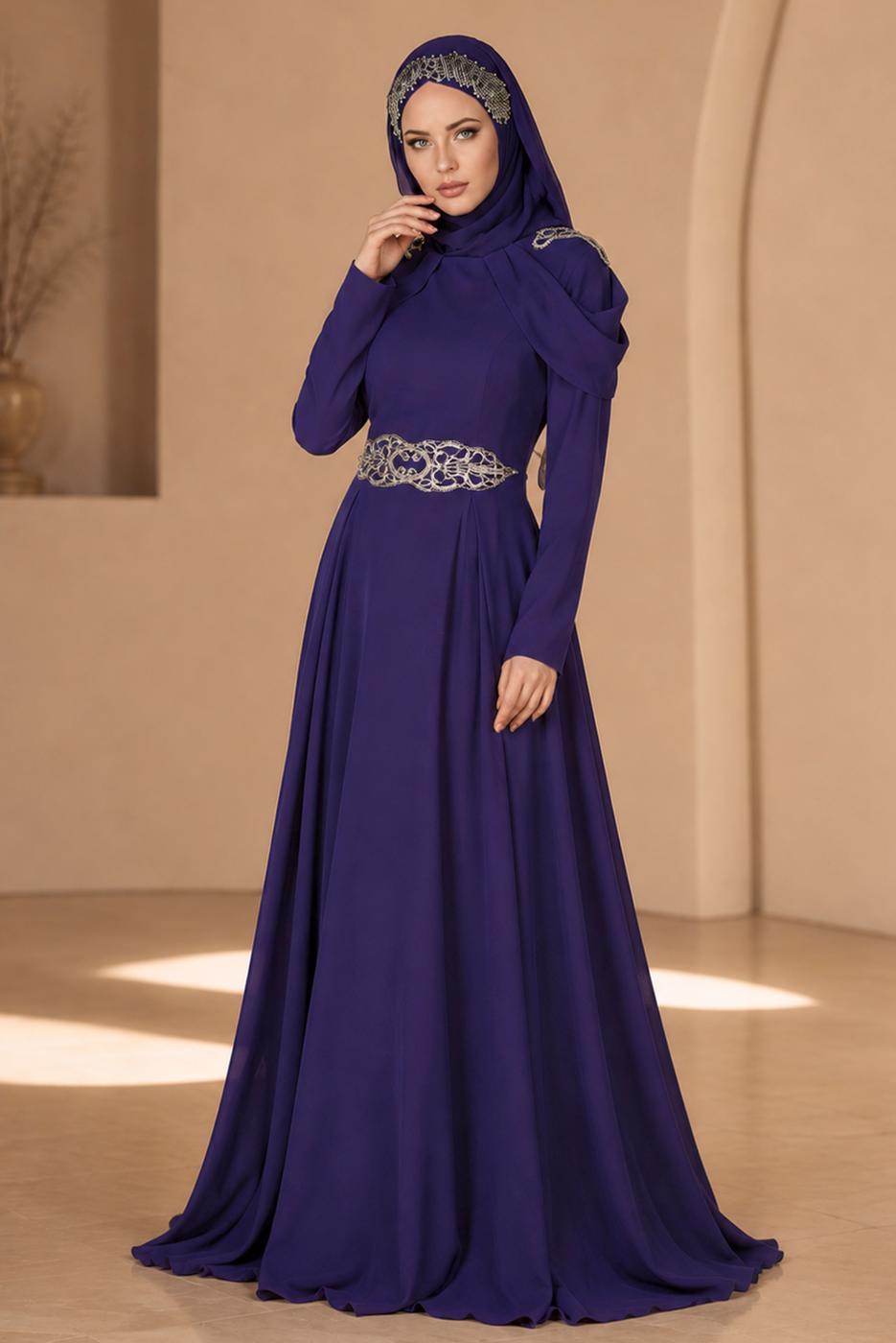 Hijab clothing NAVY BLUE Embroidery Detailed Evening Dress T 3762 