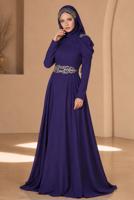 Hijab clothing NAVY BLUE Embroidery Detailed Evening Dress T 3762 