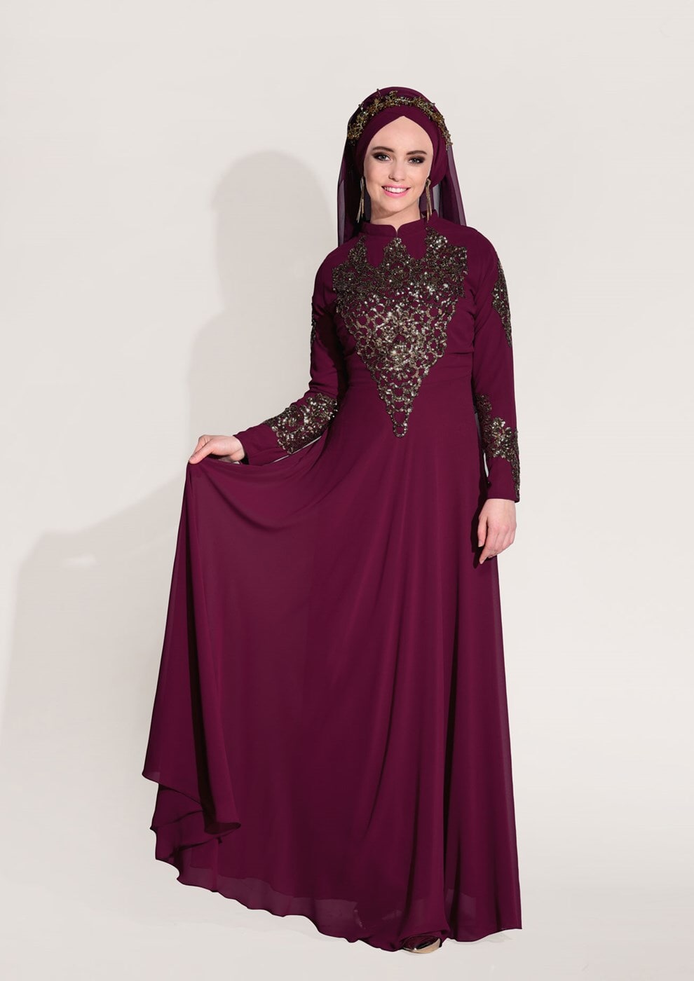 Hijab clothing CLARET RED Embroidery Detailed Evening Dress T 3824 
