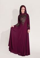 Hijab clothing CLARET RED Embroidery Detailed Evening Dress T 3824 