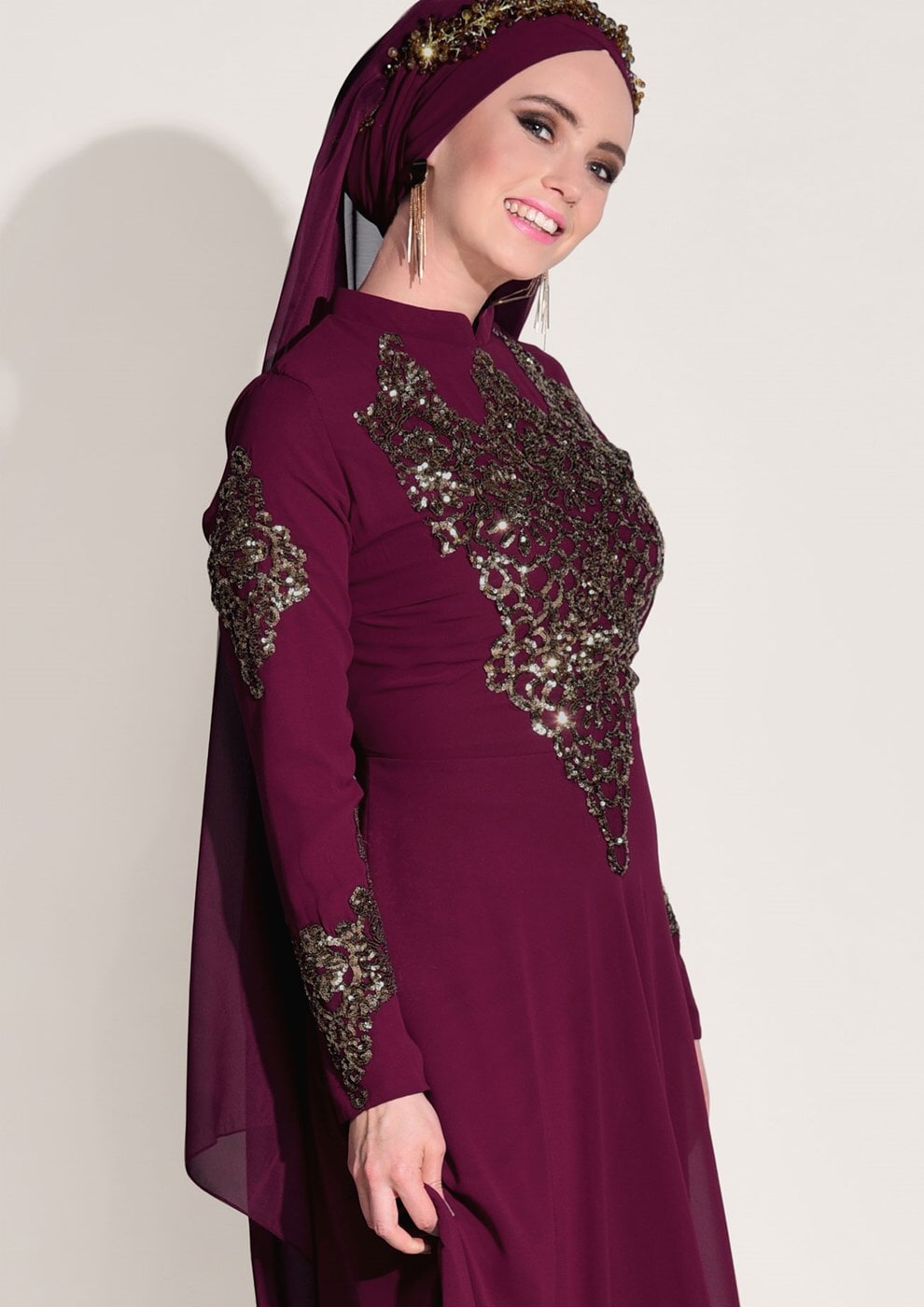 Hijab clothing CLARET RED Embroidery Detailed Evening Dress T 3824 