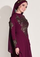 Hijab clothing CLARET RED Embroidery Detailed Evening Dress T 3824 