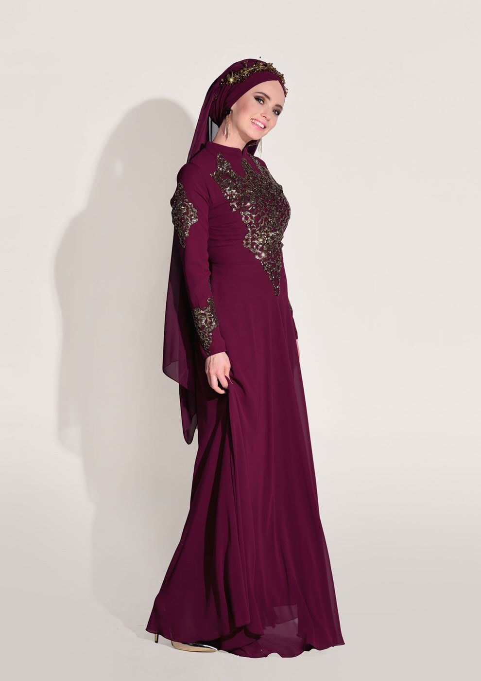 Hijab clothing CLARET RED Embroidery Detailed Evening Dress T 3824 