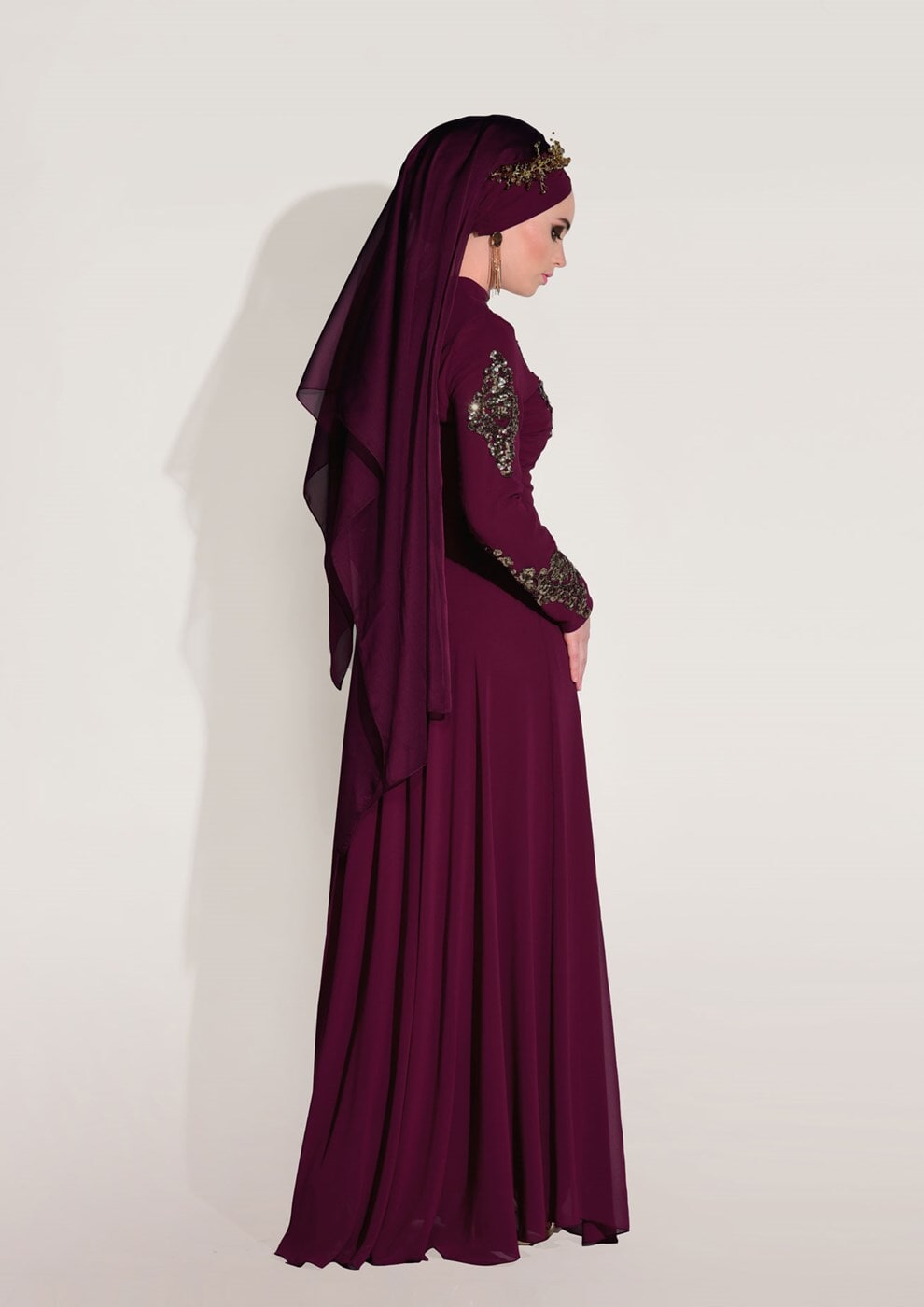 Hijab clothing CLARET RED Embroidery Detailed Evening Dress T 3824 