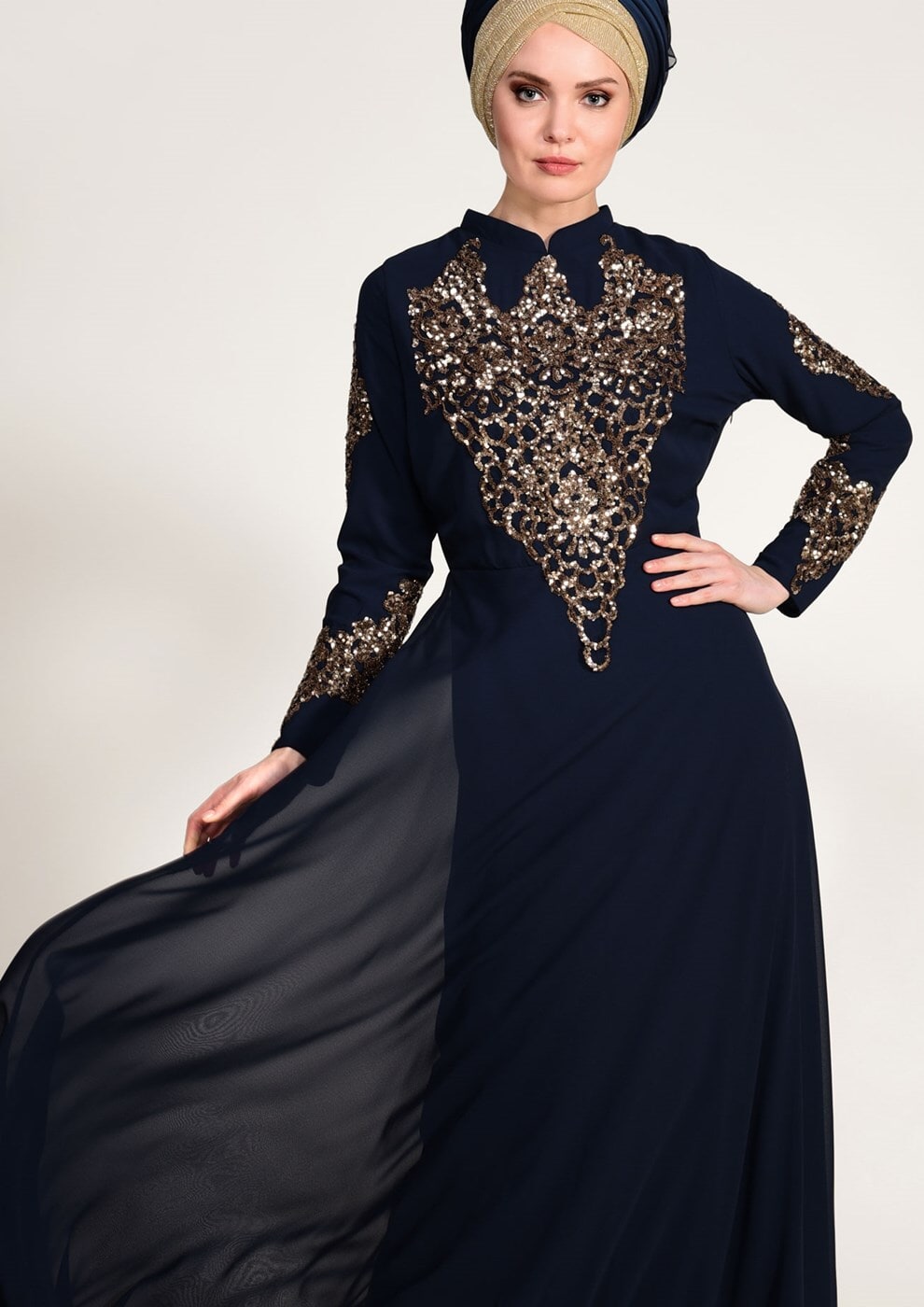 Hijab clothing NAVY BLUE Embroidery Detailed Evening Dress T 3824 