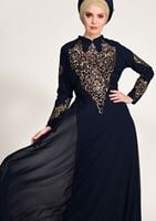 Hijab clothing NAVY BLUE Embroidery Detailed Evening Dress T 3824 