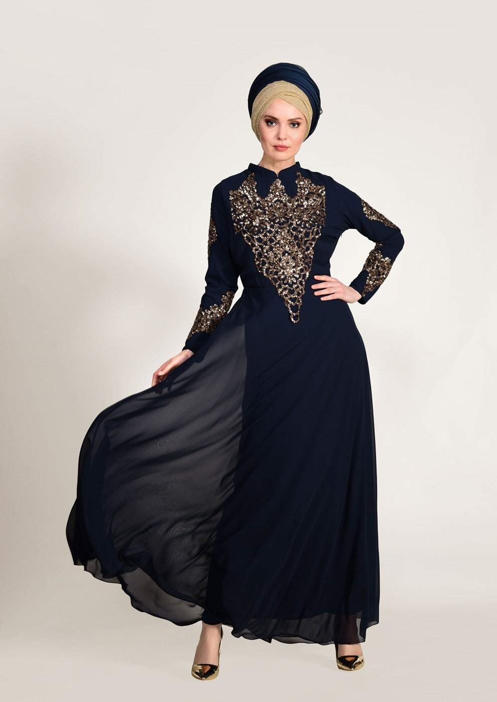 Hijab clothing NAVY BLUE Embroidery Detailed Evening Dress T 3824 