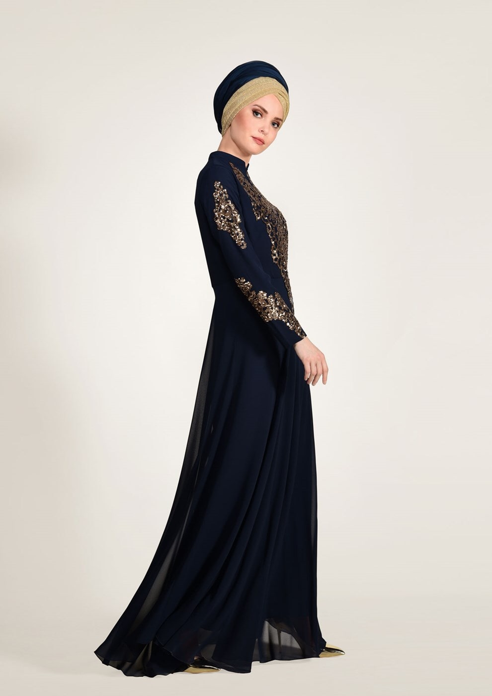 Hijab clothing NAVY BLUE Embroidery Detailed Evening Dress T 3824 