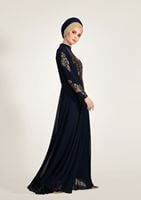 Hijab clothing NAVY BLUE Embroidery Detailed Evening Dress T 3824 
