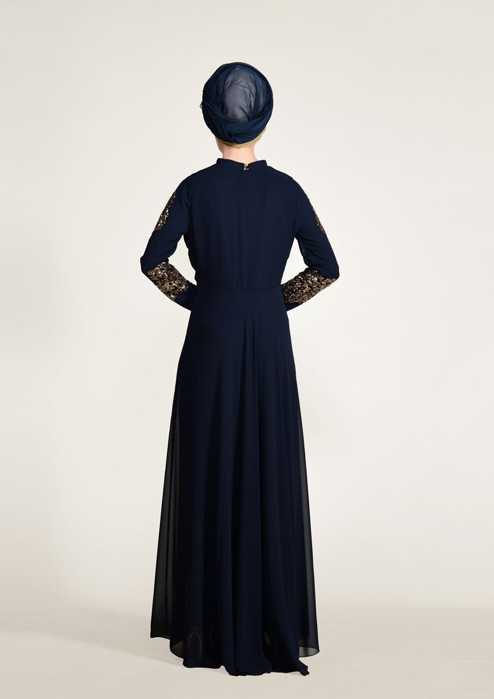 Hijab clothing NAVY BLUE Embroidery Detailed Evening Dress T 3824 