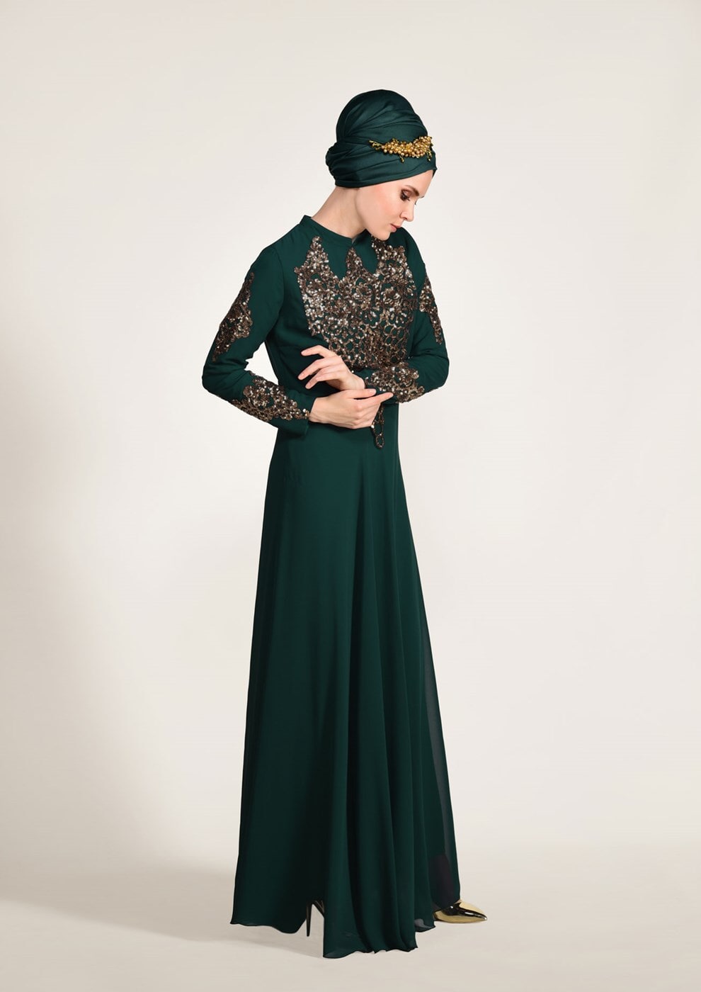 Hijab clothing GREEN Embroidery Detailed Evening Dress T 3824 