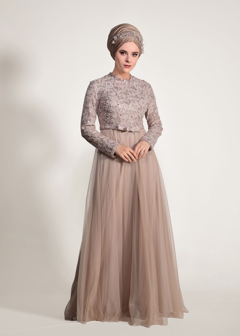 Tesettür giyim BEJ T 3997 Özduman- Tül Detaylı Abiye Elbise