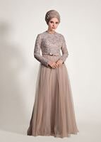 Tesettür giyim BEJ T 3997 Özduman- Tül Detaylı Abiye Elbise