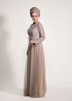 Tesettür giyim BEJ T 3997 Özduman- Tül Detaylı Abiye Elbise