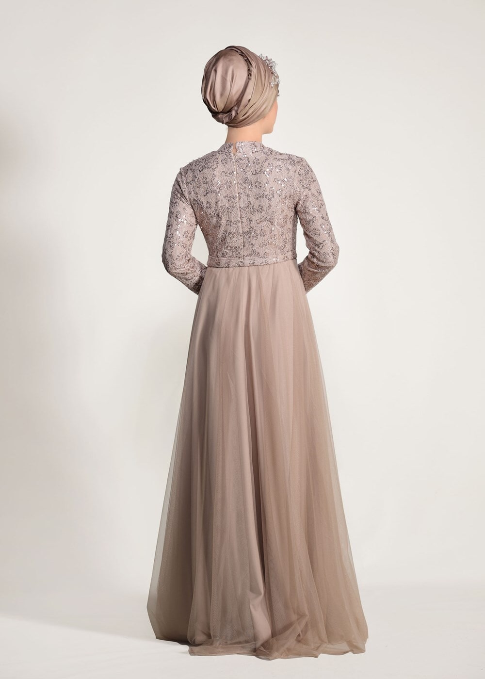 Tesettür giyim BEJ T 3997 Özduman- Tül Detaylı Abiye Elbise