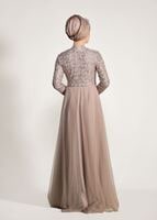 Tesettür giyim BEJ T 3997 Özduman- Tül Detaylı Abiye Elbise