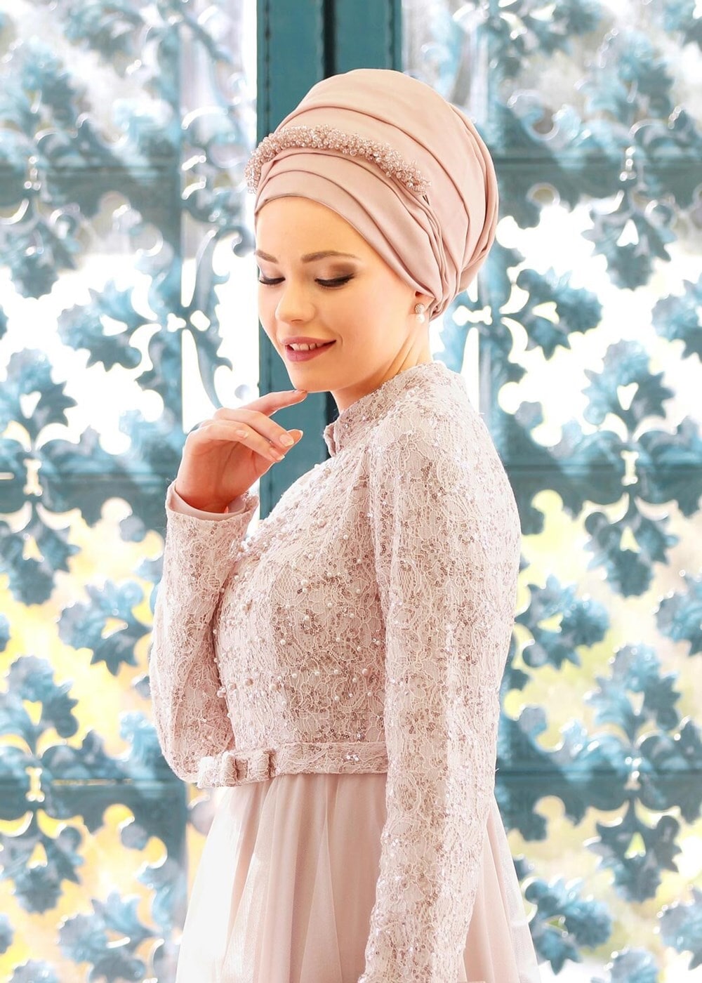 Tesettür giyim PUDRA T 3997 Özduman- Tül Detaylı Abiye Elbise