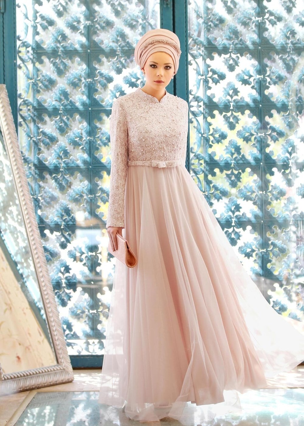 Tesettür giyim PUDRA T 3997 Özduman- Tül Detaylı Abiye Elbise