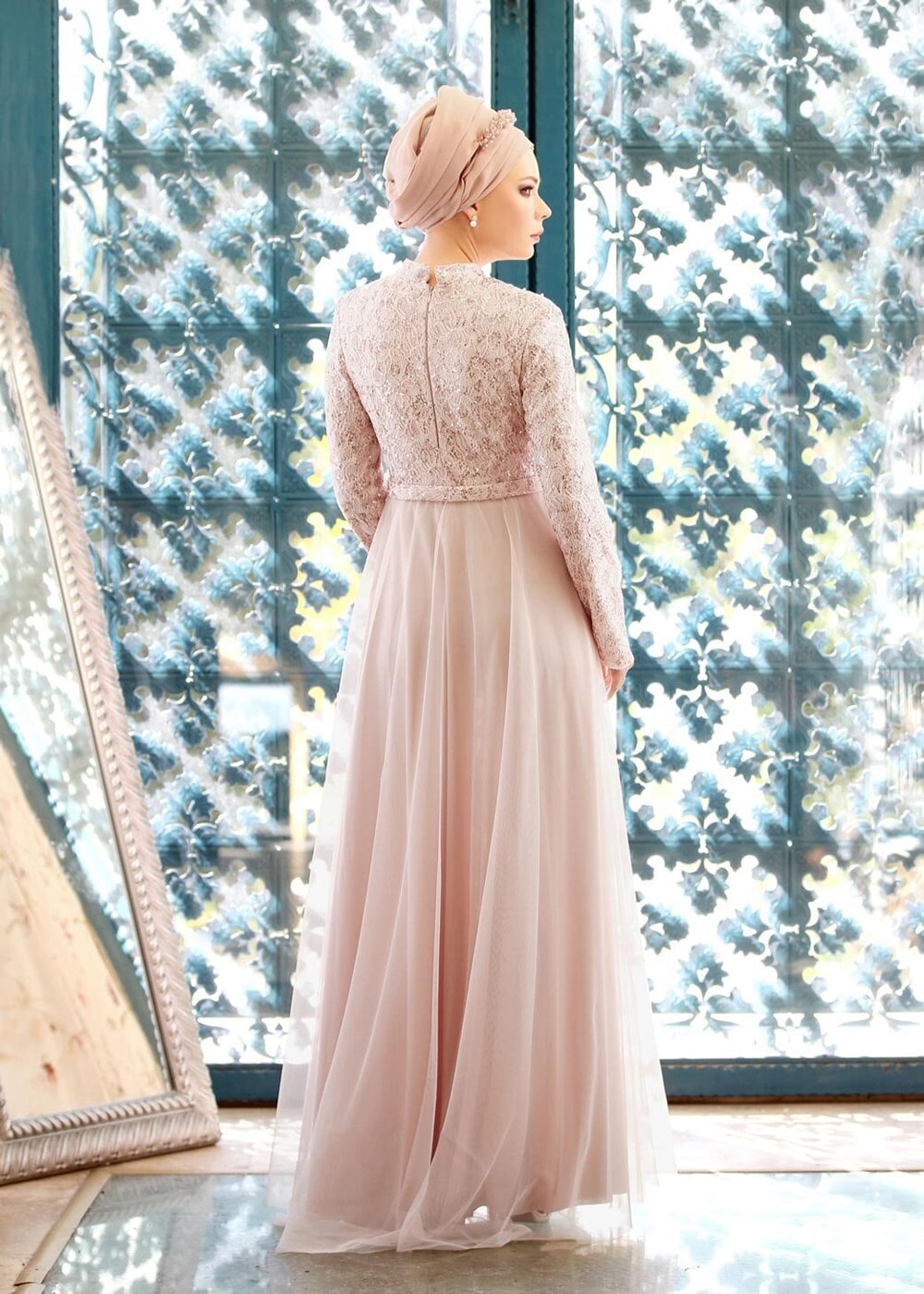 Tesettür giyim PUDRA T 3997 Özduman- Tül Detaylı Abiye Elbise