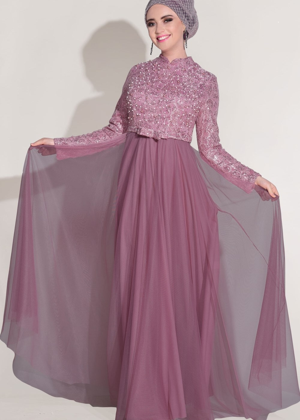 Tesettür giyim PEMBE T 3997 Özduman- Tül Detaylı Abiye Elbise