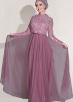 Tesettür giyim PEMBE T 3997 Özduman- Tül Detaylı Abiye Elbise