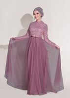 Tesettür giyim PEMBE T 3997 Özduman- Tül Detaylı Abiye Elbise