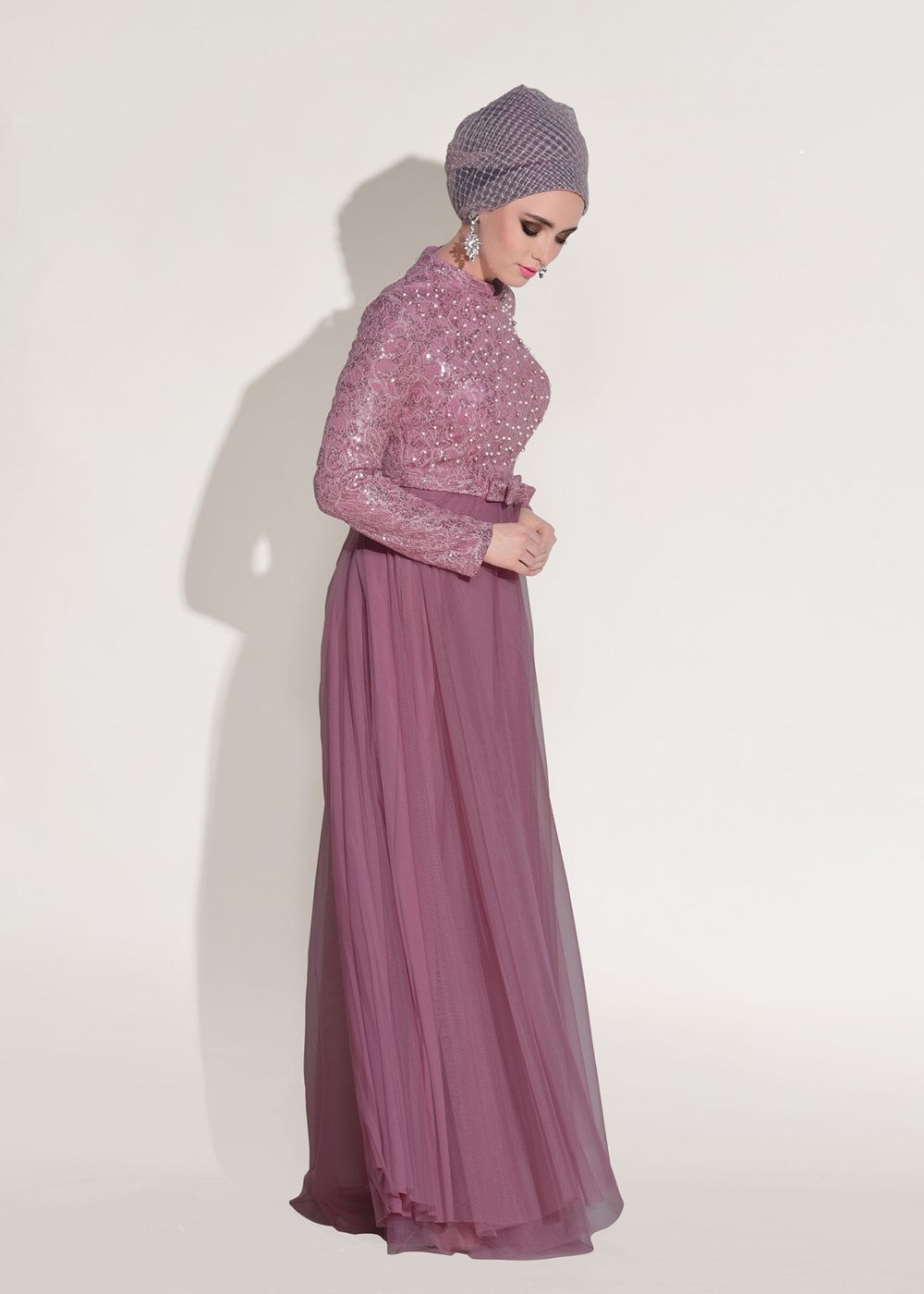 Tesettür giyim PEMBE T 3997 Özduman- Tül Detaylı Abiye Elbise