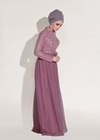 Tesettür giyim PEMBE T 3997 Özduman- Tül Detaylı Abiye Elbise