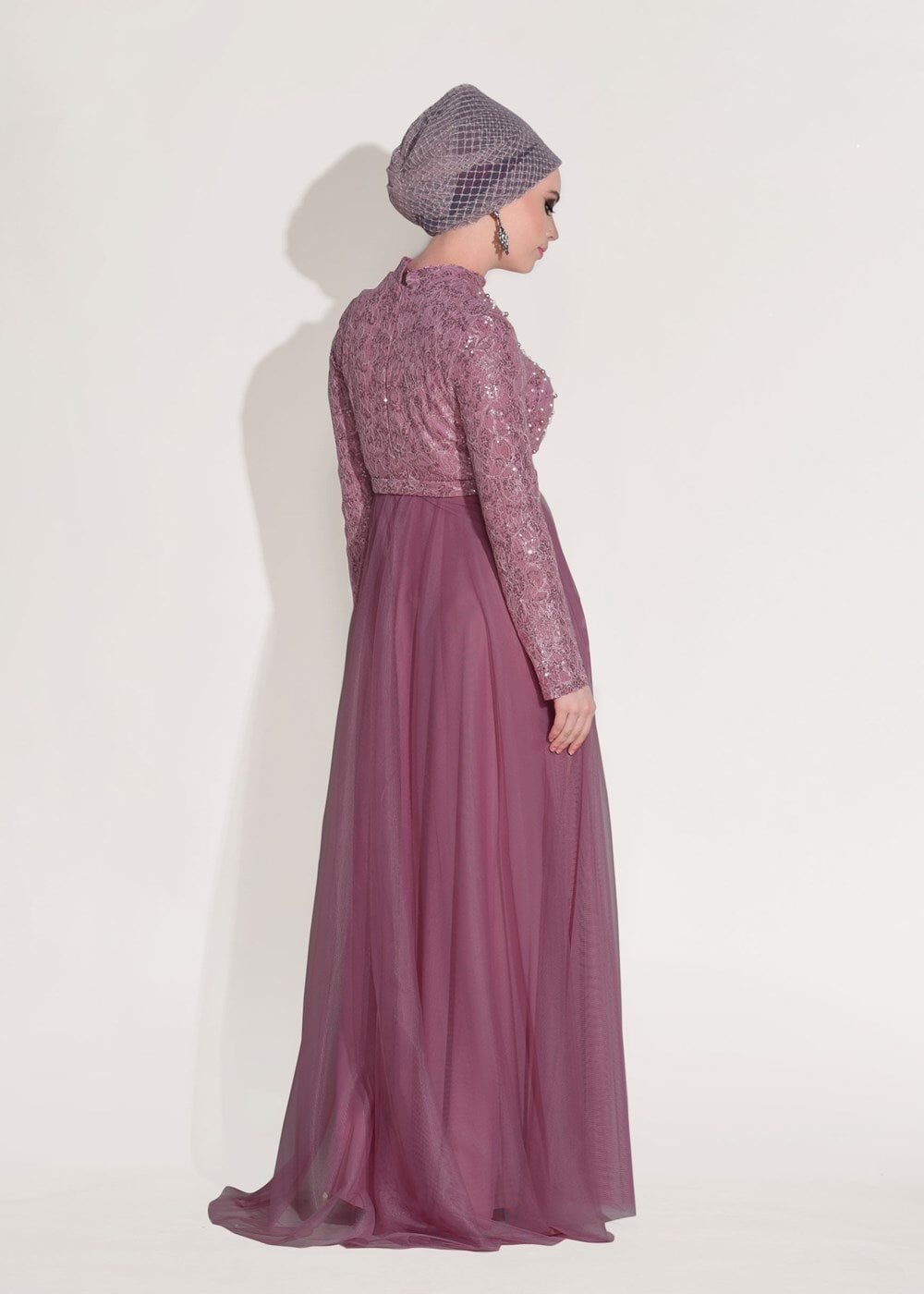 Tesettür giyim PEMBE T 3997 Özduman- Tül Detaylı Abiye Elbise