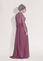 Tesettür giyim PEMBE T 3997 Özduman- Tül Detaylı Abiye Elbise