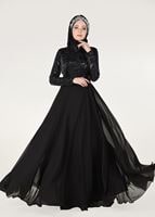 Tesettür giyim SİYAH HAKİM YAKA İŞLEMELİ ABİYE ELBİSE 4108