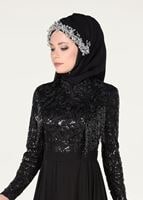 Tesettür giyim SİYAH HAKİM YAKA İŞLEMELİ ABİYE ELBİSE 4108