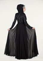 Tesettür giyim SİYAH HAKİM YAKA İŞLEMELİ ABİYE ELBİSE 4108