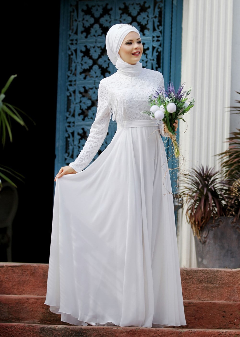 Tesettür giyim KREM HAKİM YAKA İŞLEMELİ ABİYE ELBİSE 4108