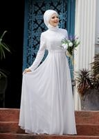 Tesettür giyim KREM HAKİM YAKA İŞLEMELİ ABİYE ELBİSE 4108