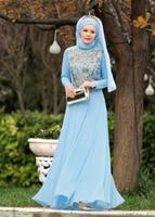 Hijab clothing BLUE Mandarin Collar Embroidered Evening Dress T 4214 