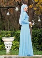 Hijab clothing BLUE Mandarin Collar Embroidered Evening Dress T 4214 
