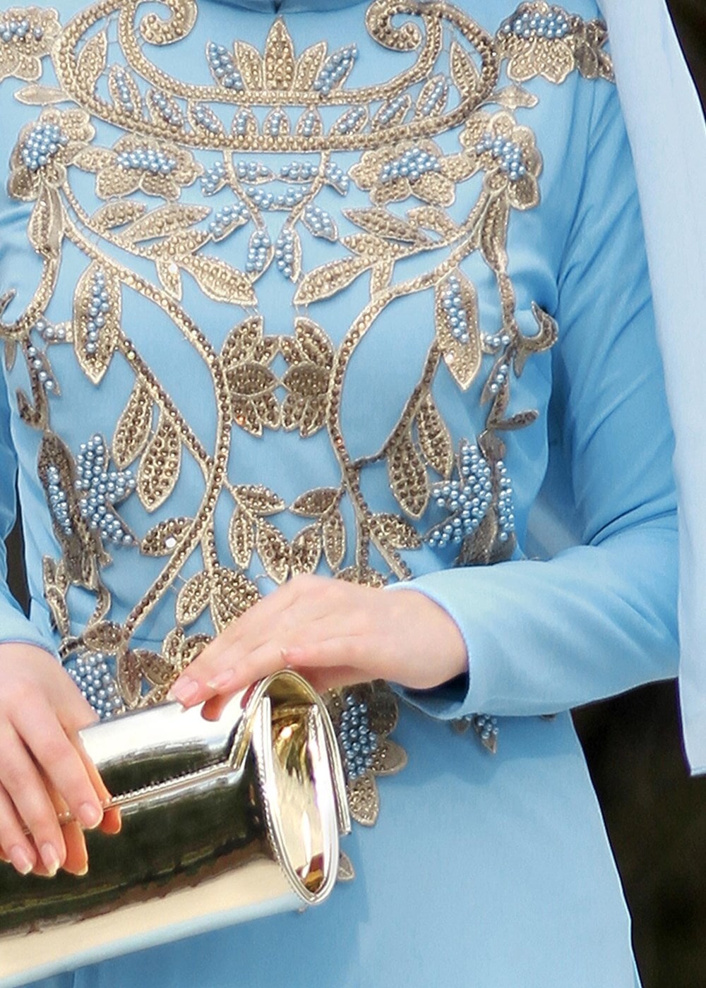 Hijab clothing BLUE Mandarin Collar Embroidered Evening Dress T 4214 