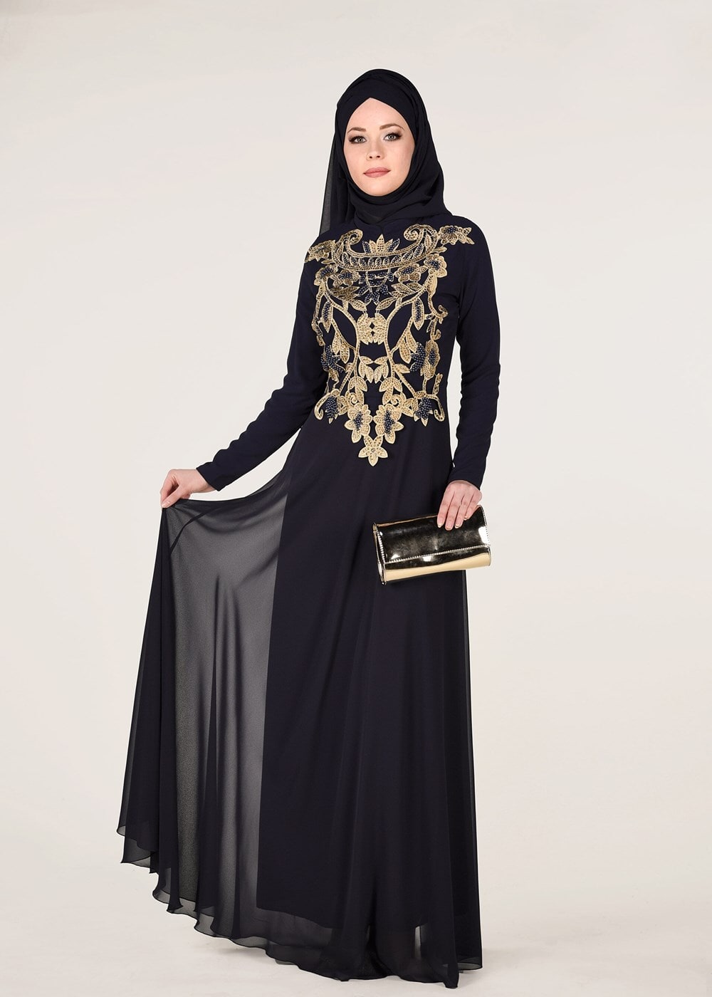 Hijab clothing NAVY BLUE Mandarin Collar Embroidered Evening Dress T 4214 