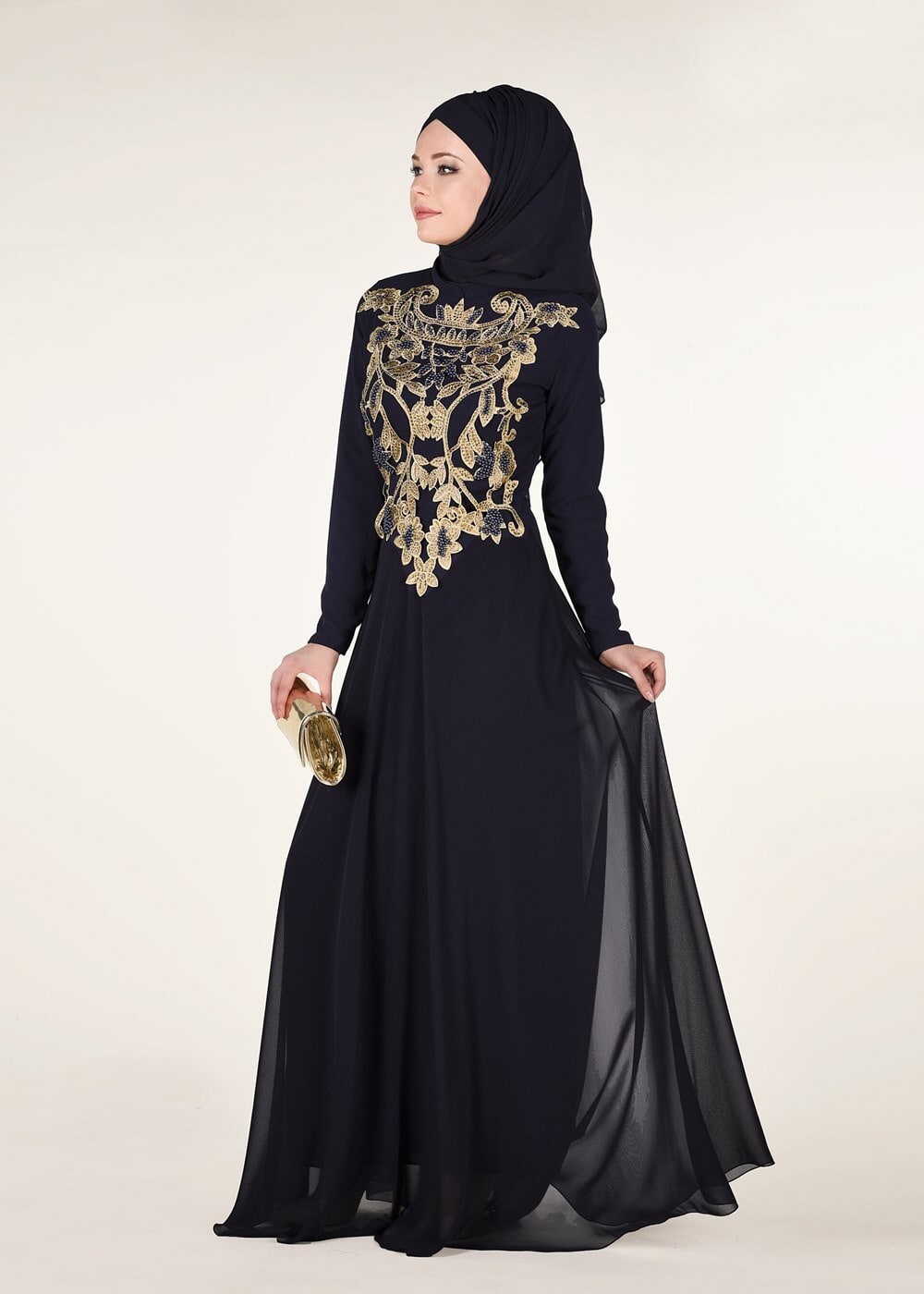 Hijab clothing NAVY BLUE Mandarin Collar Embroidered Evening Dress T 4214 