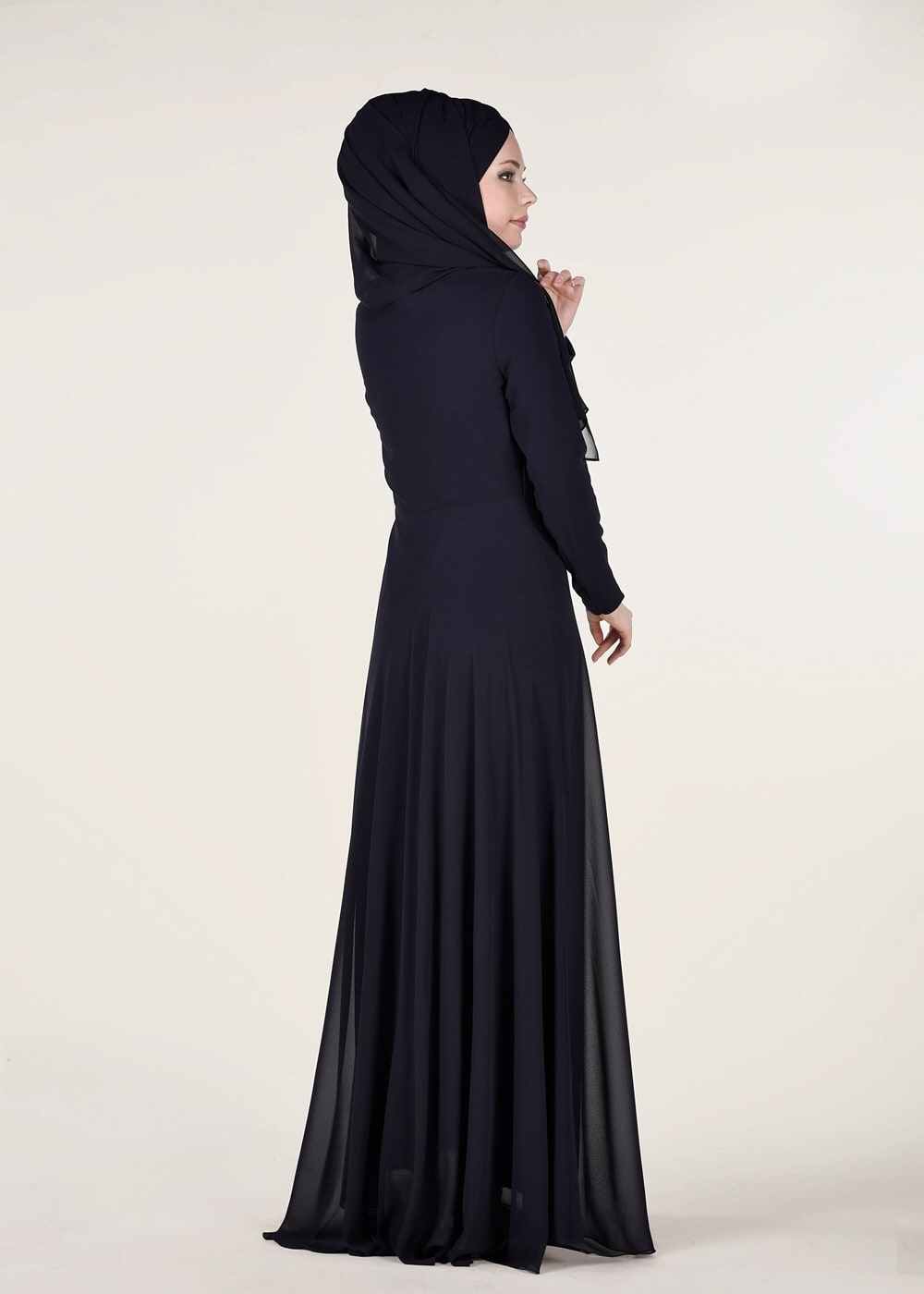 Hijab clothing NAVY BLUE Mandarin Collar Embroidered Evening Dress T 4214 