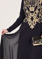 Hijab clothing NAVY BLUE Mandarin Collar Embroidered Evening Dress T 4214 