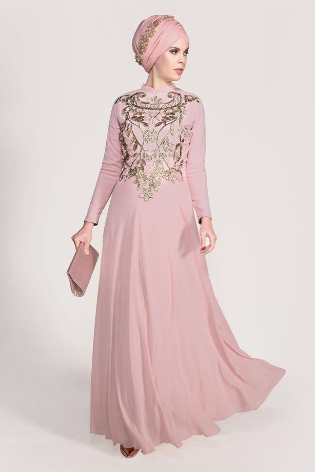 Vêtements hijab  Mandarin Collar Embroidered Evening Dress T 4214  - TRENDTESETTÜR