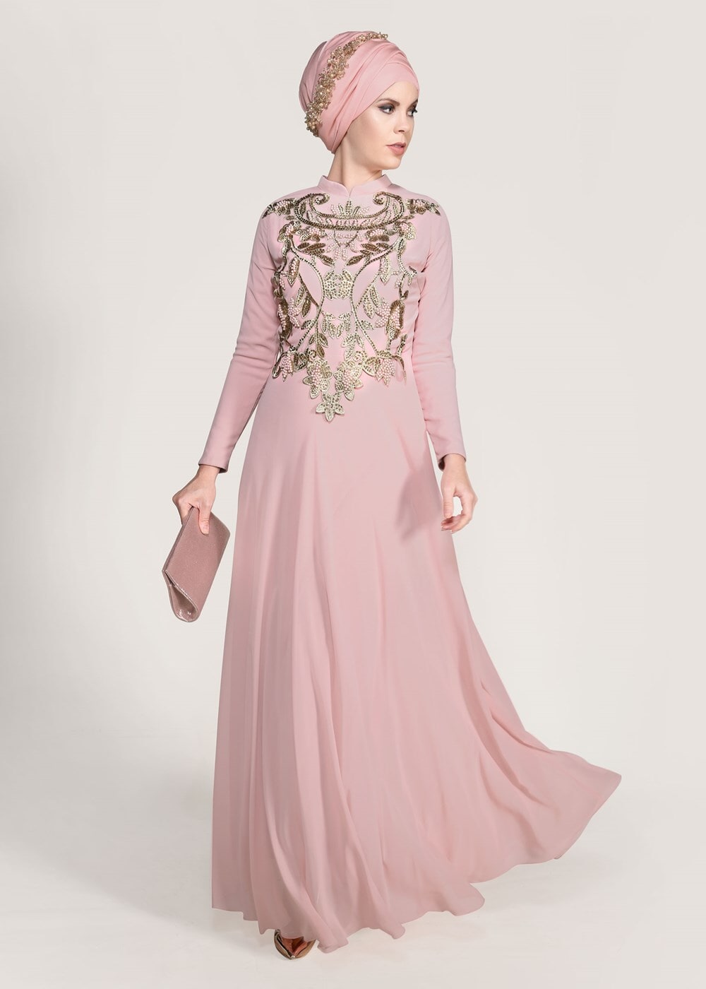 Hijab clothing POWDER Mandarin Collar Embroidered Evening Dress T 4214 