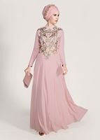 Hijab clothing POWDER Mandarin Collar Embroidered Evening Dress T 4214 