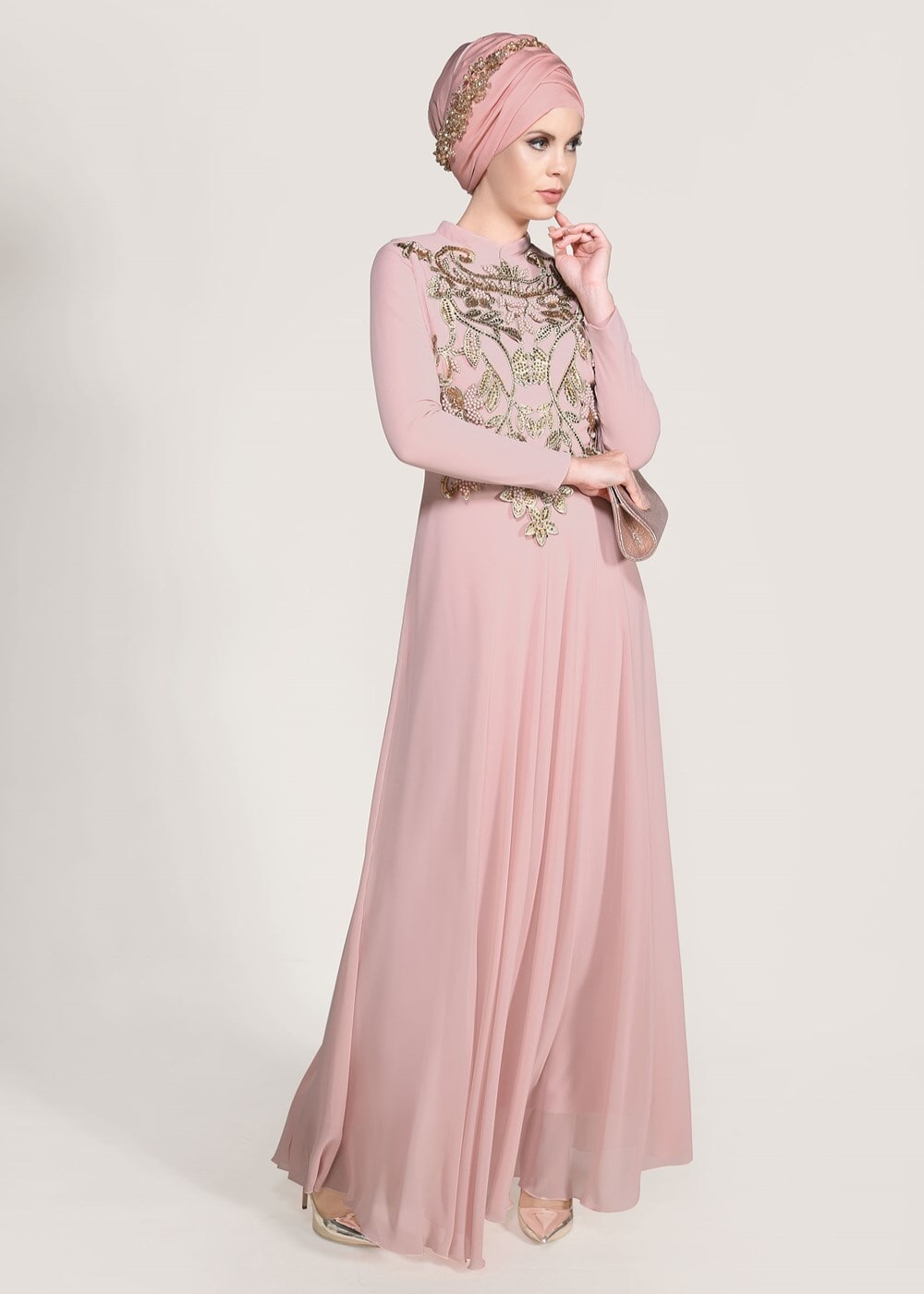 Hijab clothing POWDER Mandarin Collar Embroidered Evening Dress T 4214 