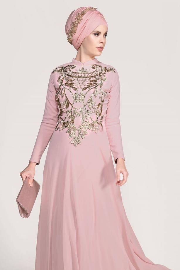 Vêtements hijab  Mandarin Collar Embroidered Evening Dress T 4214  - TRENDTESETTÜR