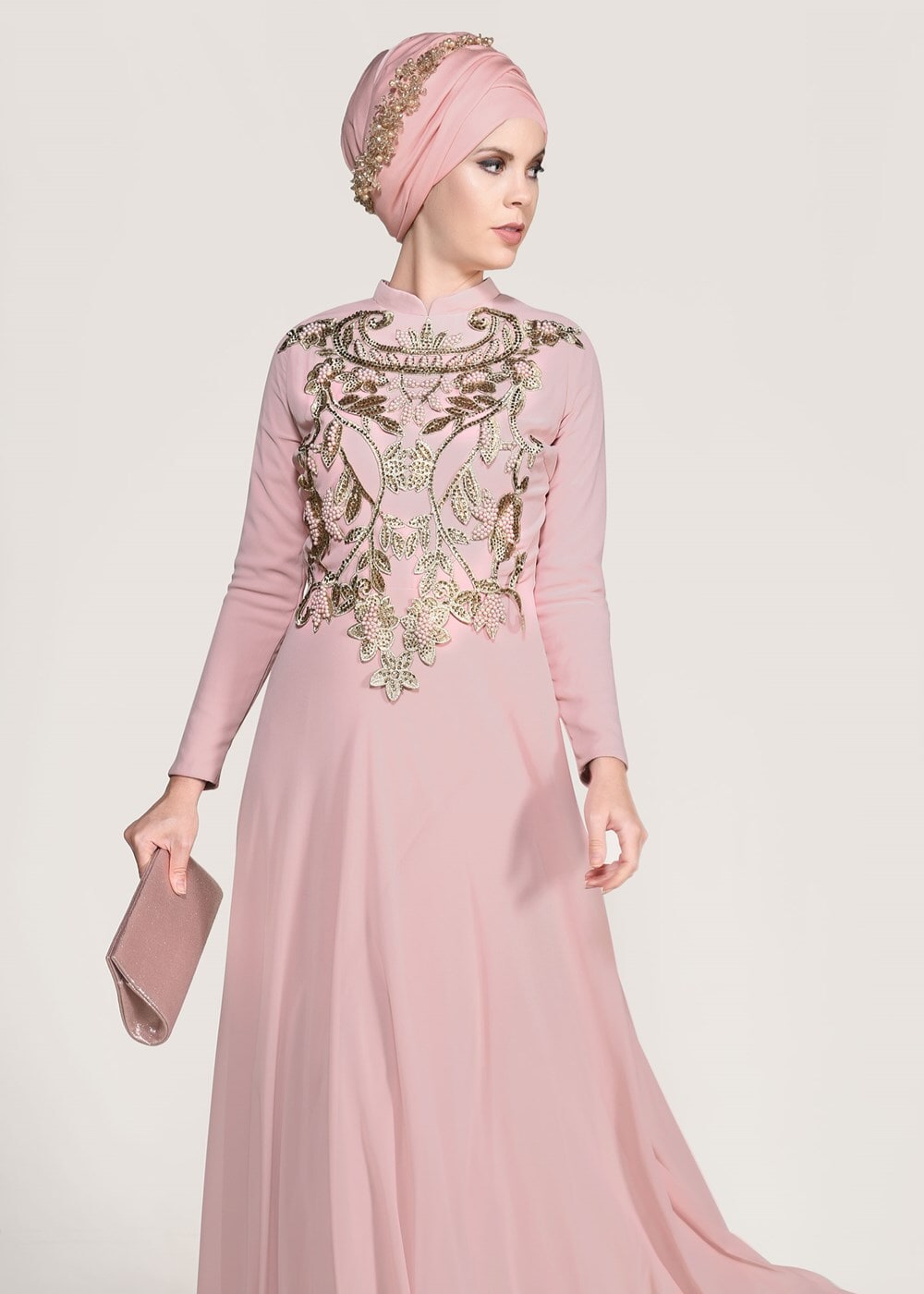 Hijab clothing POWDER Mandarin Collar Embroidered Evening Dress T 4214 