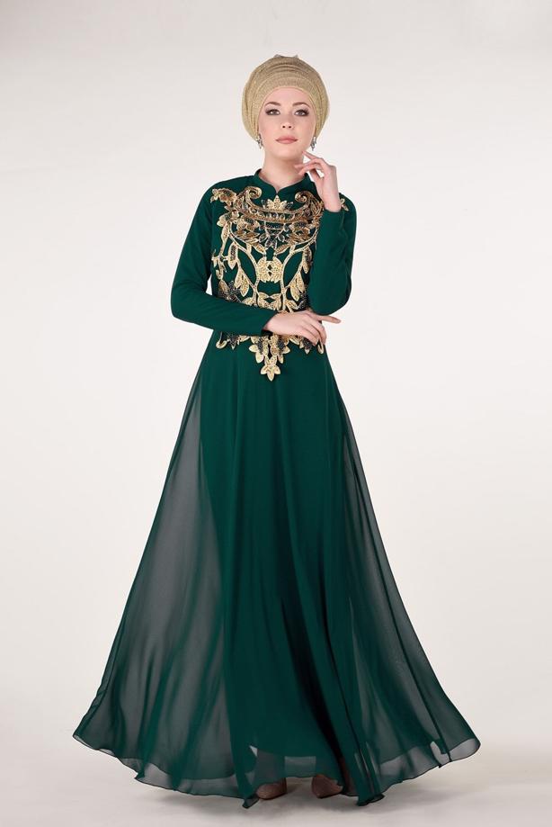 Vêtements hijab  Mandarin Collar Embroidered Evening Dress T 4214  - TRENDTESETTÜR
