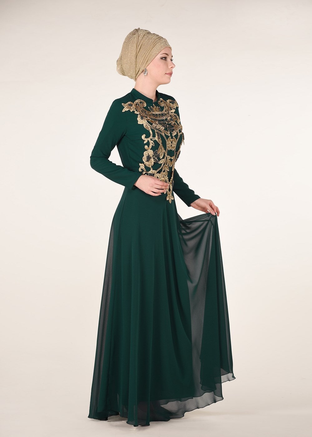Hijab clothing GREEN Mandarin Collar Embroidered Evening Dress T 4214 